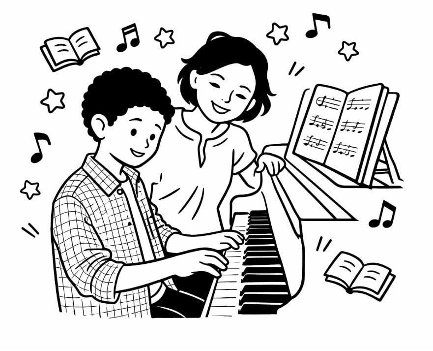 Piano teacher giving lesson to child on white grand piano in bright room