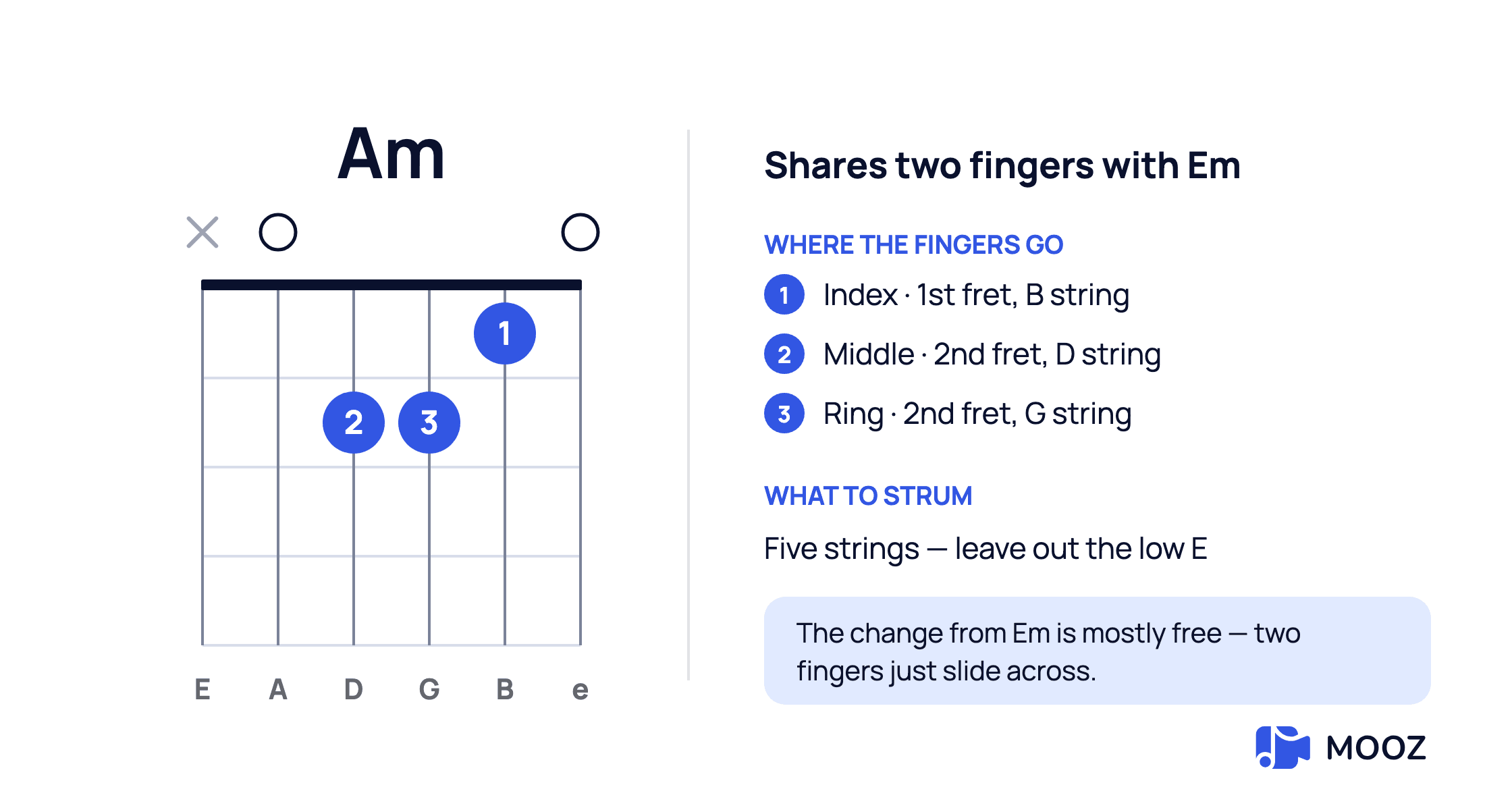 Am open guitar chord diagram: index finger on the 1st fret of the B string, middle on the 2nd fret of the D string, ring on the 2nd fret of the G string, five strings played