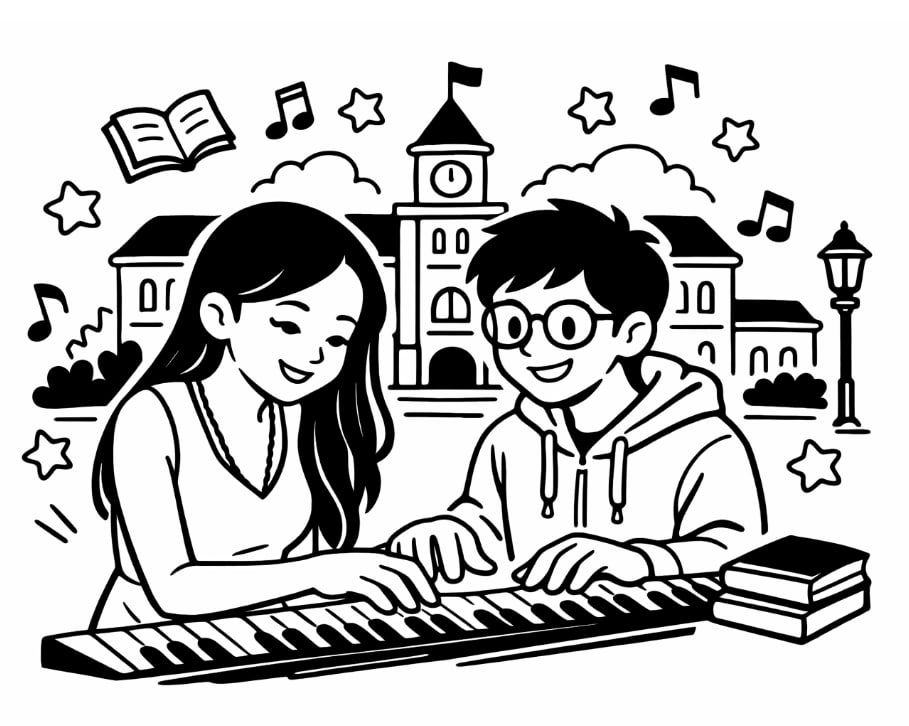 Female piano teacher in yellow top guiding male student on electronic keyboard