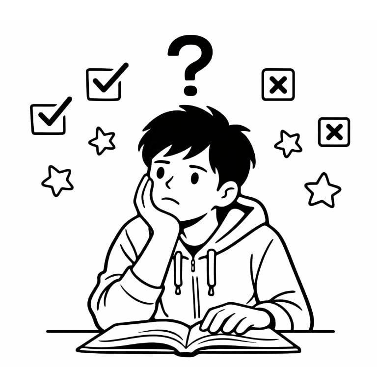Black and white line drawing of a young boy at a desk, hand on cheek, looking thoughtfully at an open book, surrounded by floating question marks, checkmarks, x marks, and stars indicating confusion or quizzing.