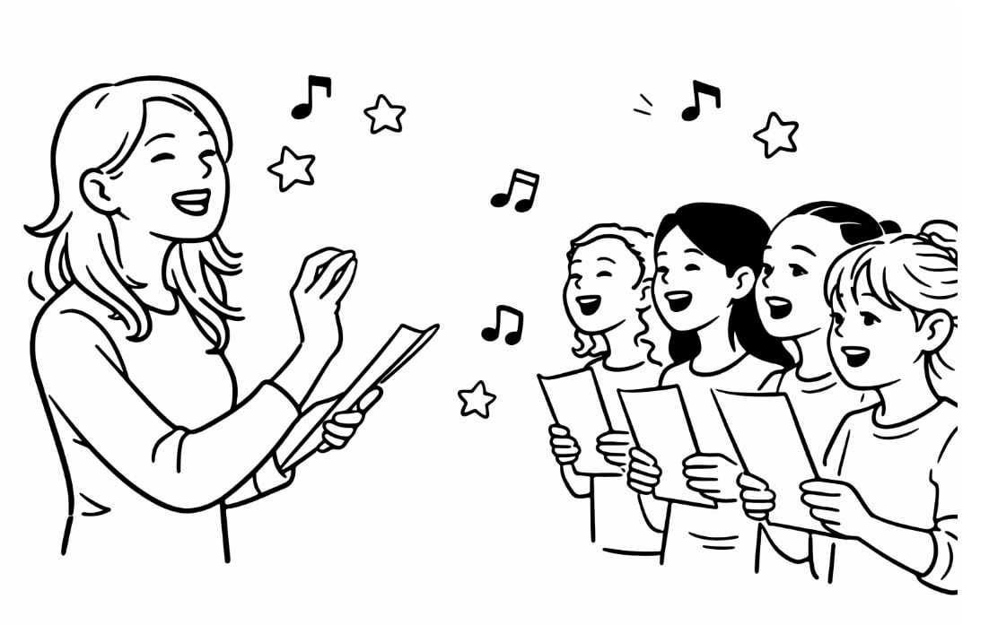 Teacher leading a group of students in vocal exercises during a singing class 