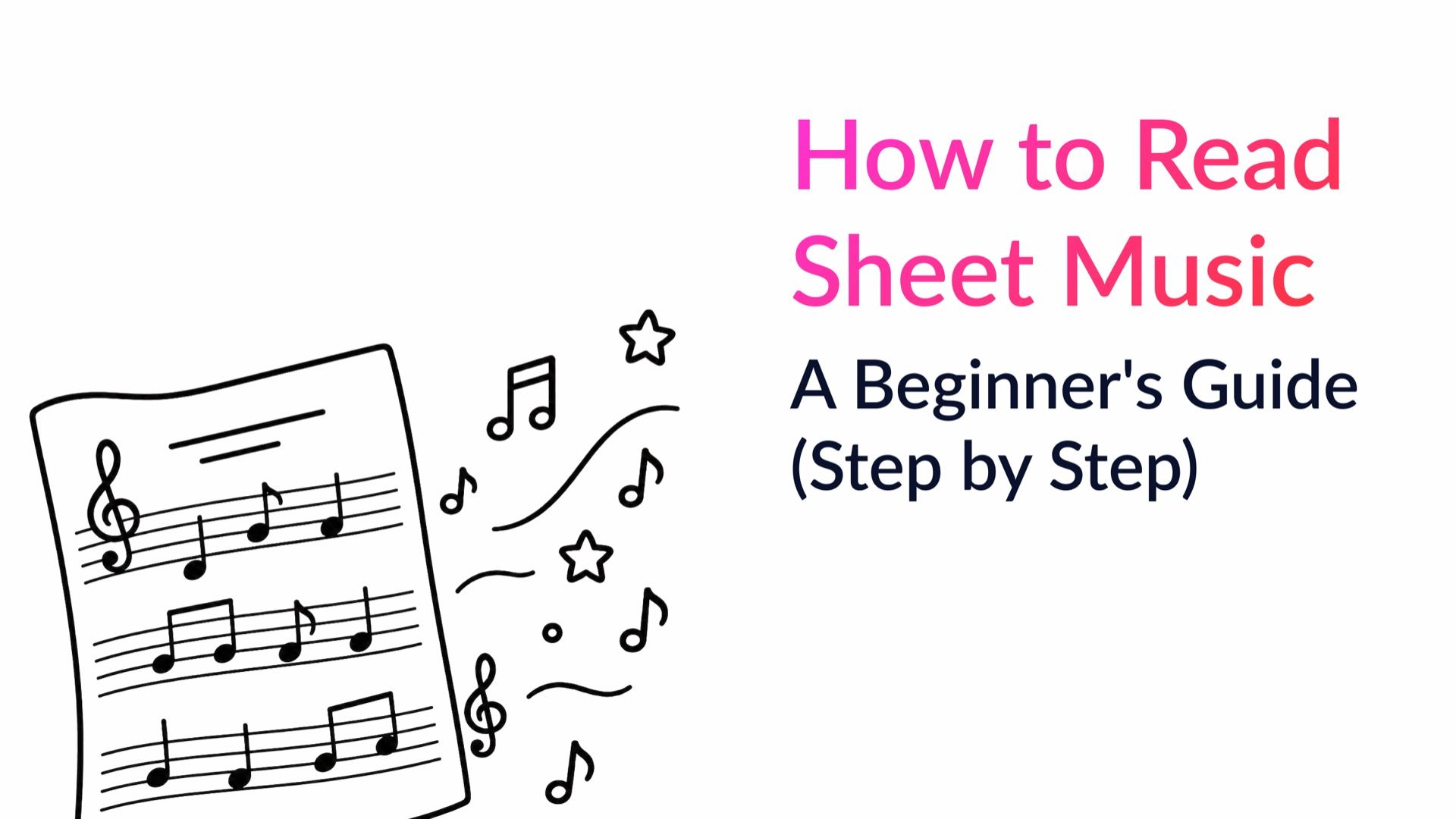 How to read sheet music: a beginner's guide, step by step — MOOZ blog cover with a hand-drawn sheet of music