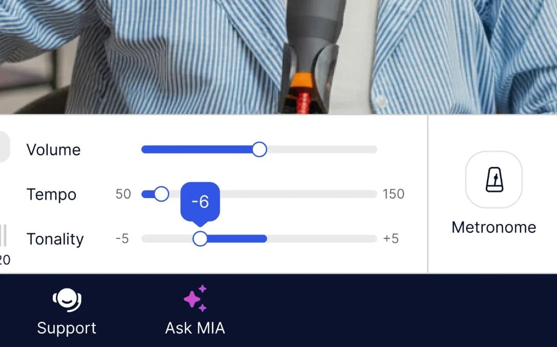 Screenshot of MOOZ audio controls including tempo, tonality, and metronome for music lessons