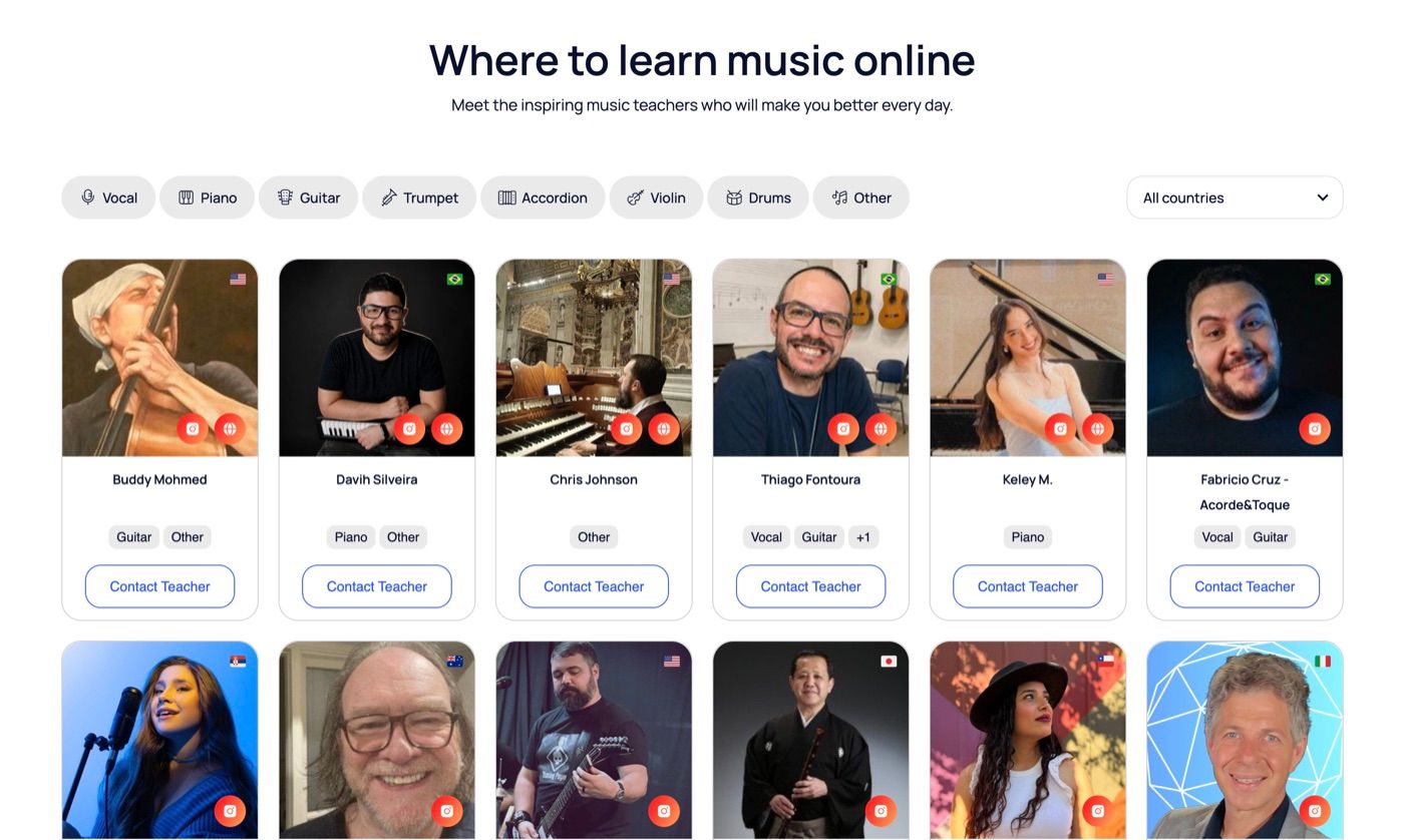 MOOZ online music teachers directory — browse and contact verified piano, guitar, vocal and other music teachers, filterable by instrument