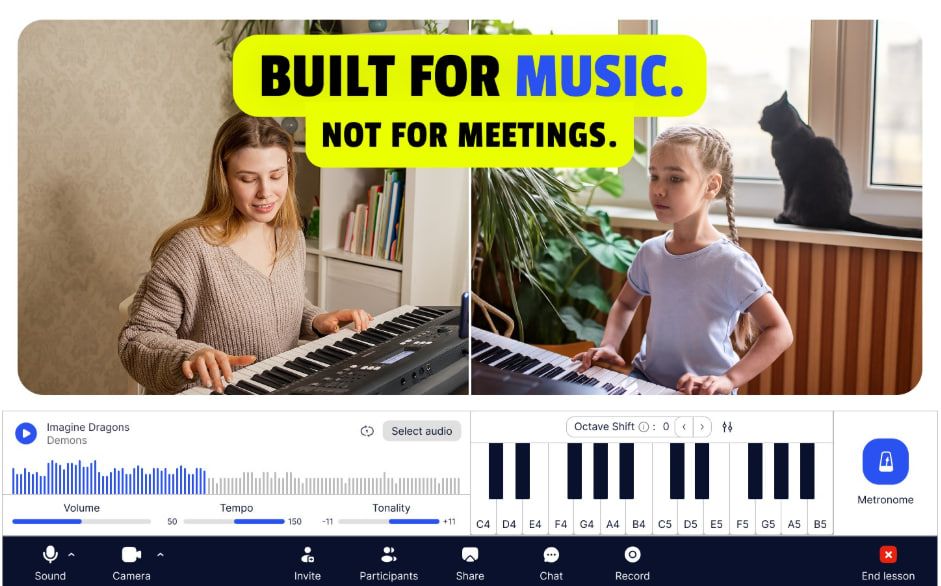 Online music lesson platform built for music teaching, showing adult and child students playing keyboard during live online classes