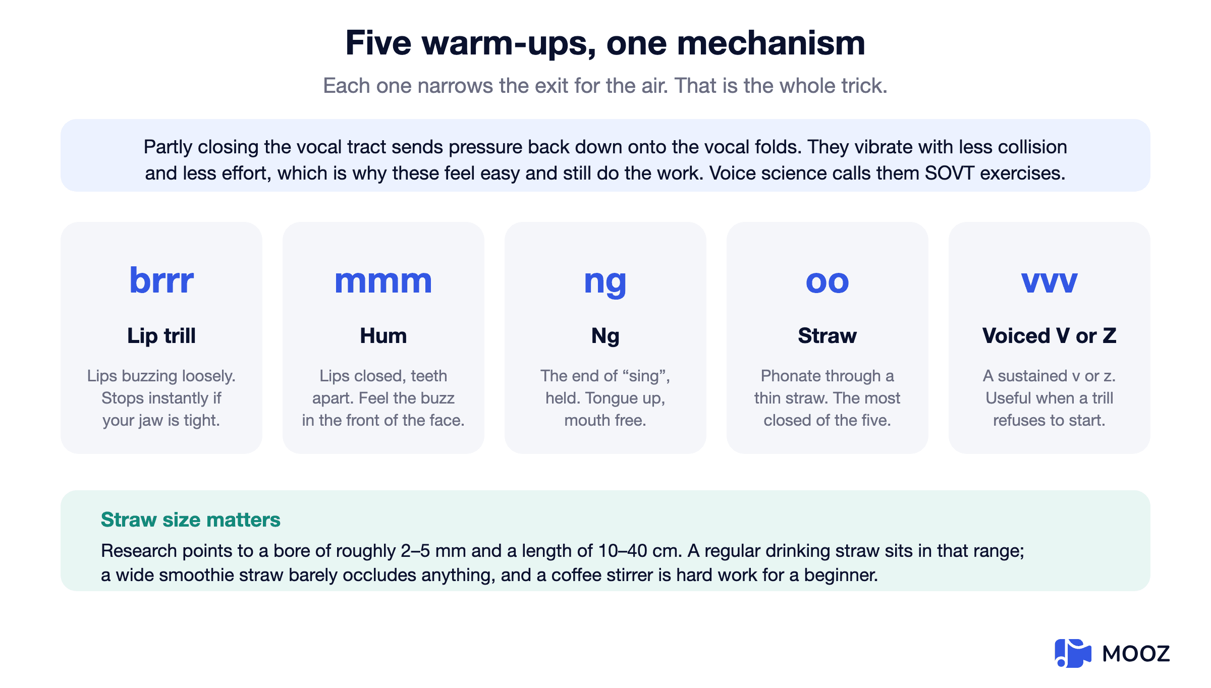 Chart of five semi-occluded vocal tract warm-ups — lip trill, hum, ng, straw phonation and voiced v or z — with how each one narrows the vocal tract