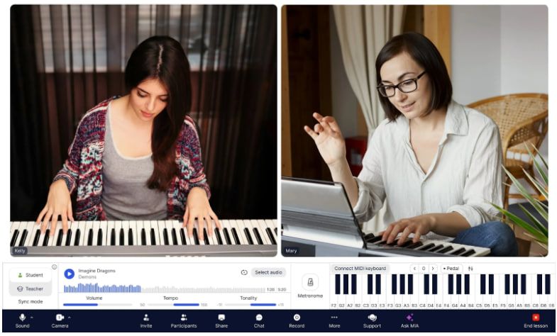 Adult student taking live online music lesson with teacher via video platform, comparing private lessons and online classes for adults