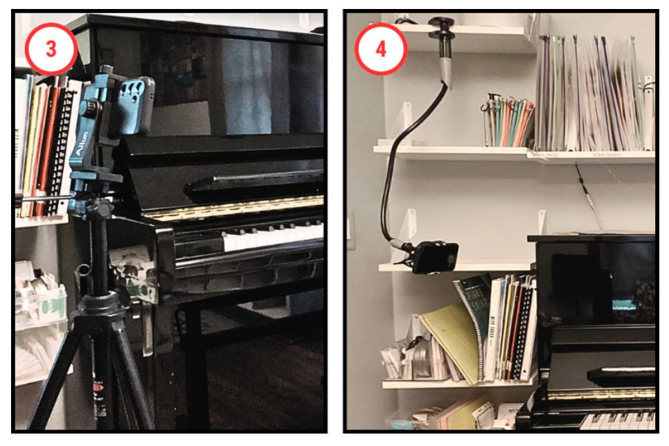 Tech setups with tripods and clamps for online piano lesson recording