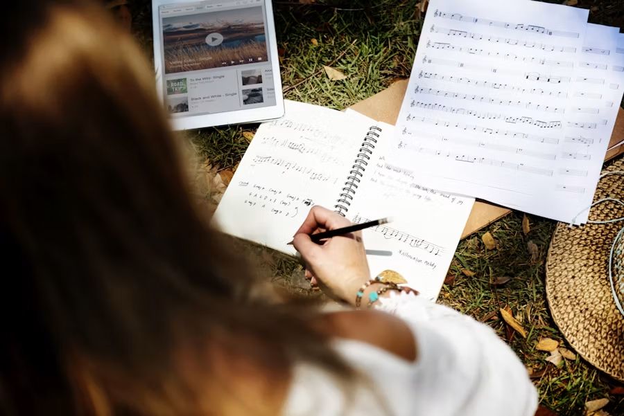 A musician writing notes into a manuscript notebook, with printed sheet music and a tablet beside them on the grass