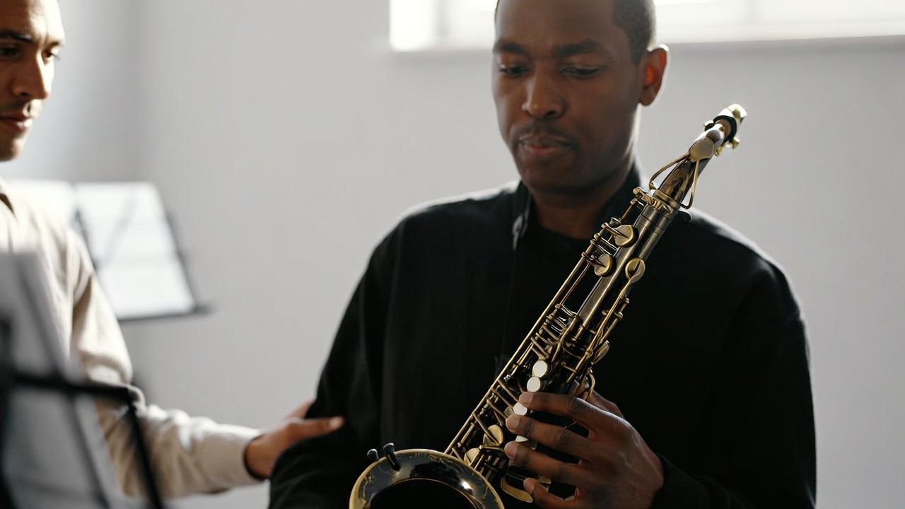 Man learning saxophone in a private lesson setting