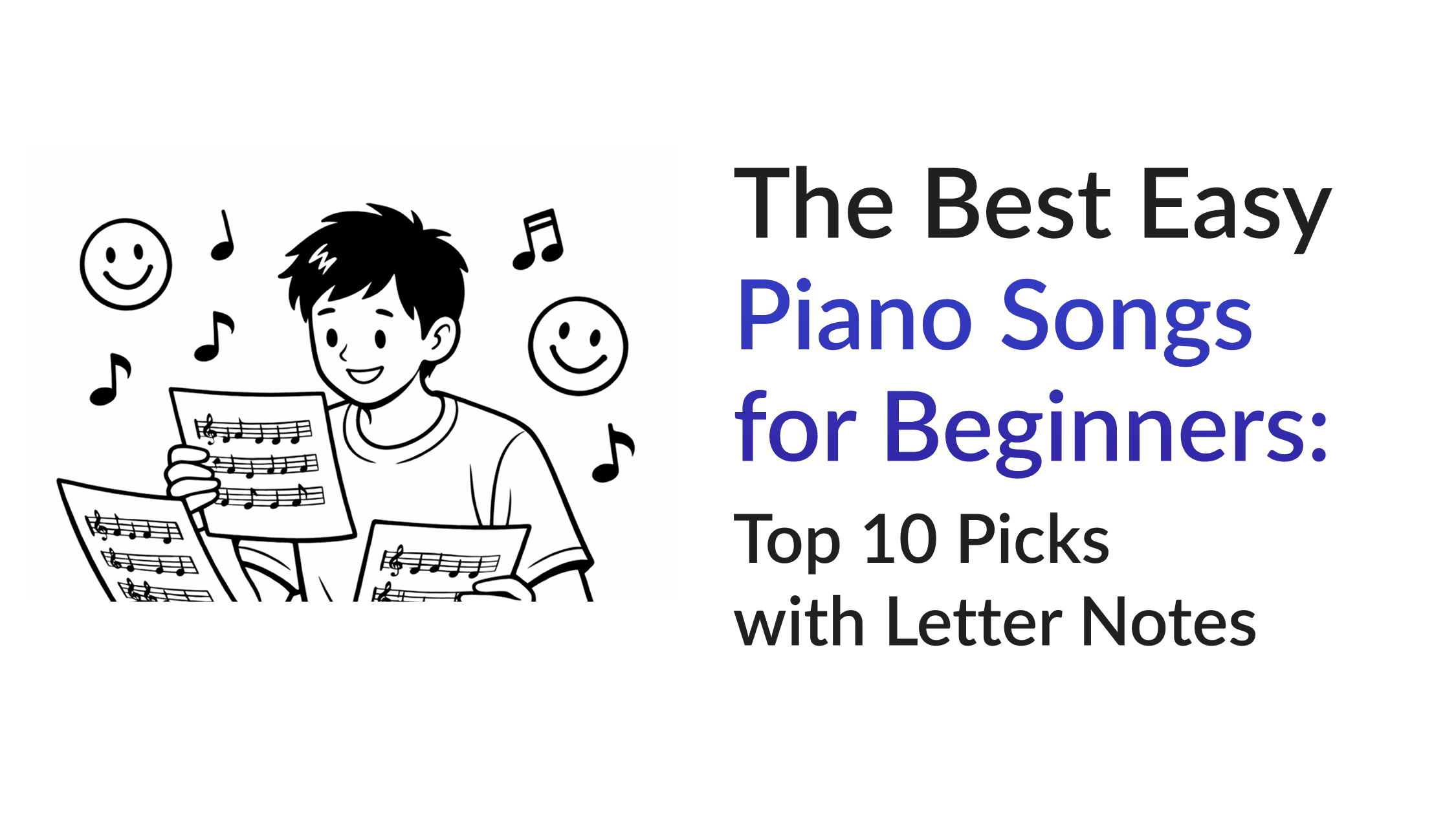 Black and white cartoon of a smiling boy holding piano sheet music, surrounded by floating musical notes and smiley faces, next to the headline: “The Best Easy Piano Songs for Beginners: Top 10 Picks with Letter Notes”