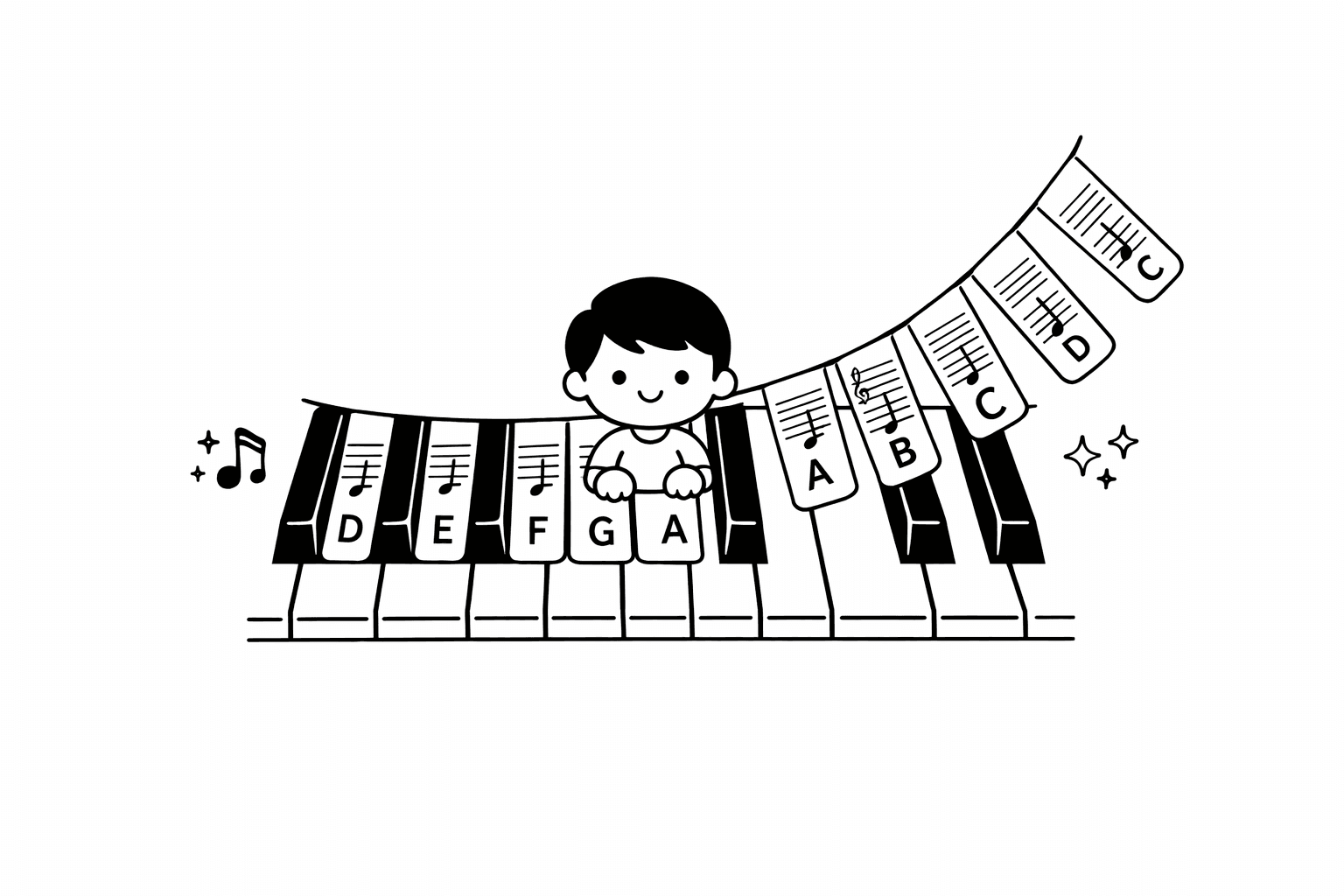 Printable piano keyboard diagram showing labeled white keys D E F G A B C with matching musical staff notation for beginners learning how to teach yourself piano