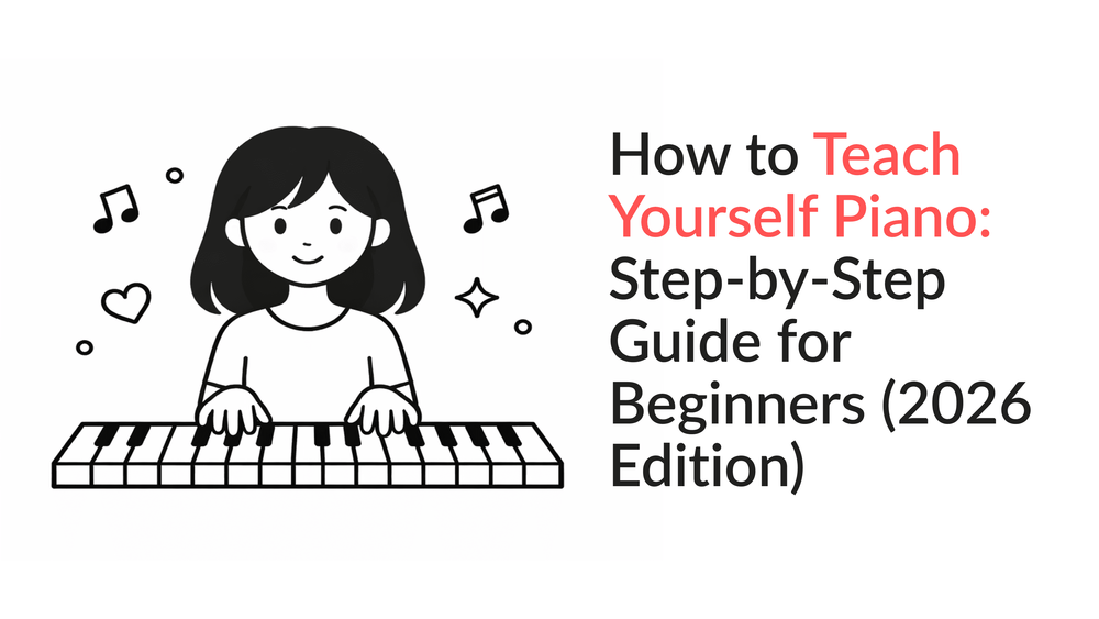 How to Teach Yourself Piano: Step-by-Step Guide for Beginners (2026 Edition) – cartoon illustration of a girl learning piano at home