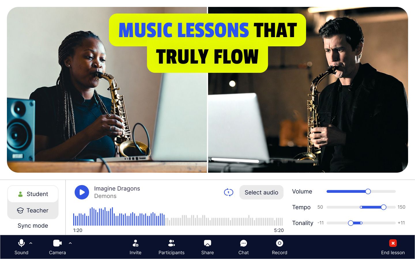 Screenshot of MOOZ platform showing synchronized audio tools for music lessons