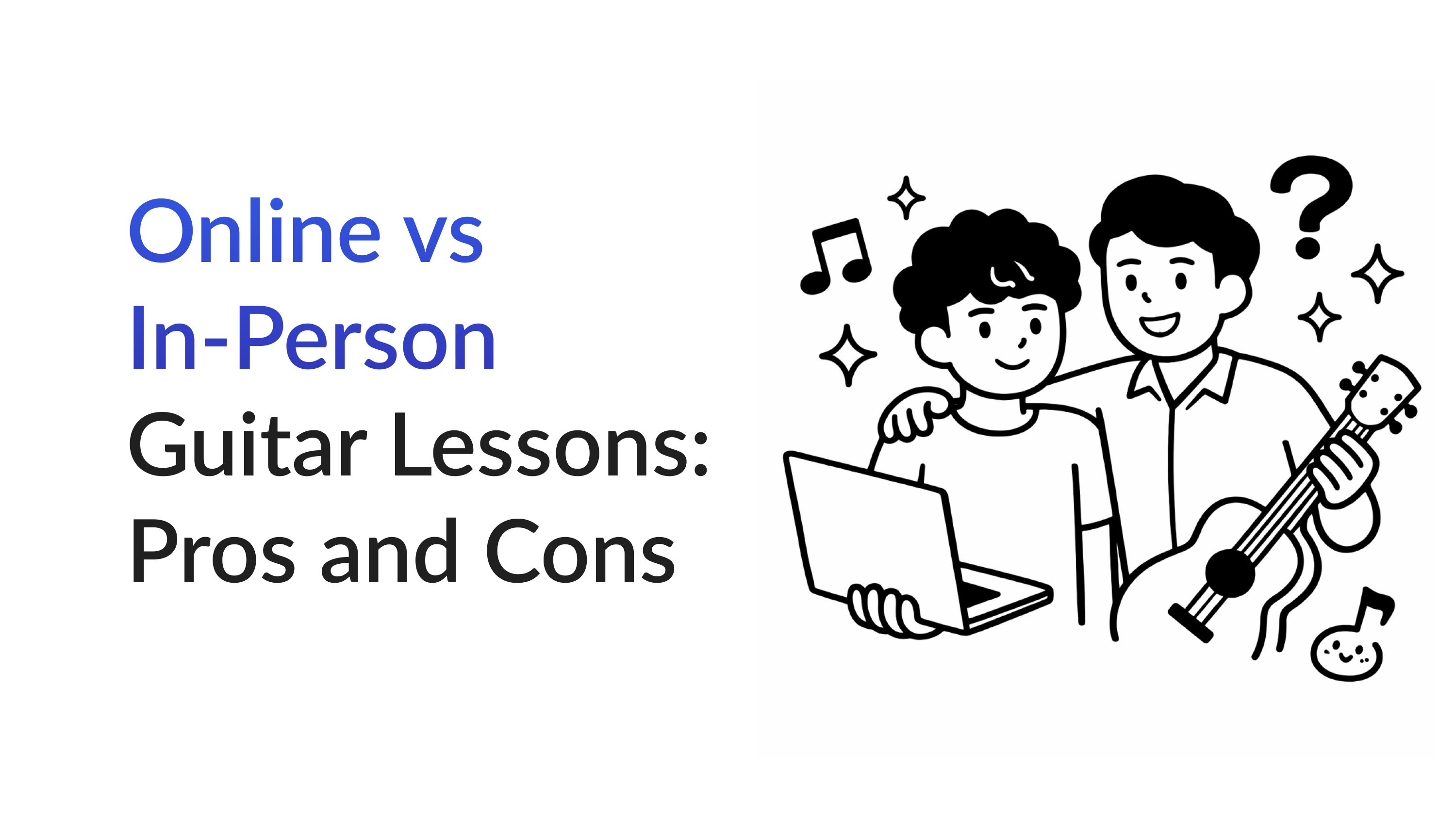 image with text online vs in person guitar lessons ant two hugging men