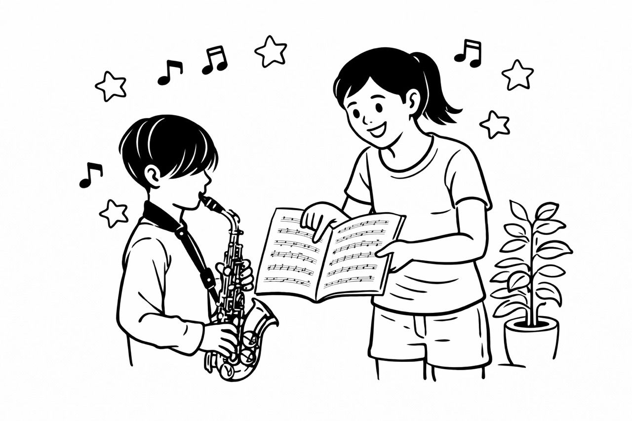Music teacher helping boy with saxophone technique and sheet music