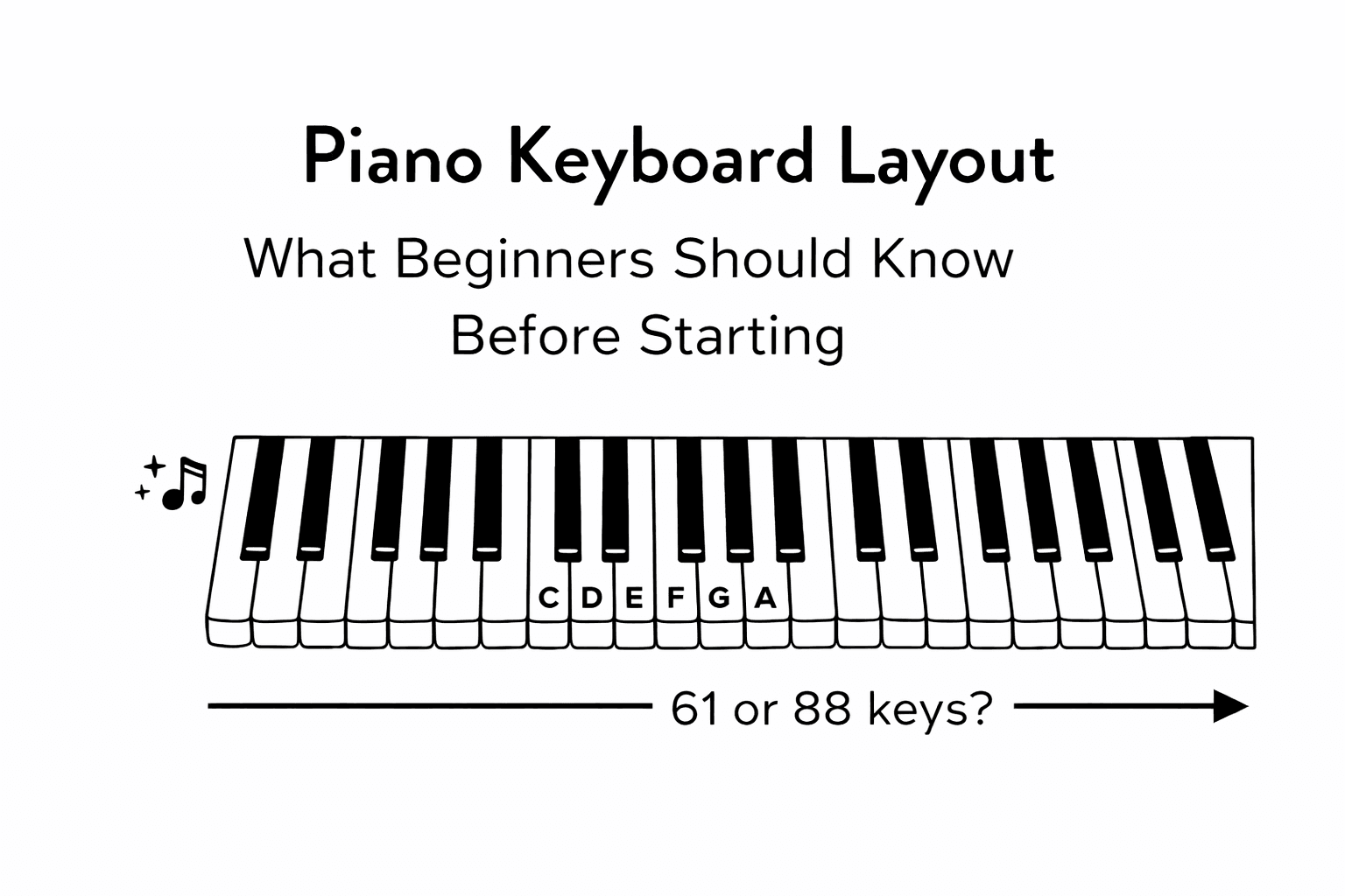 Piano keyboard layout with labeled notes for beginners learning easiest songs on piano